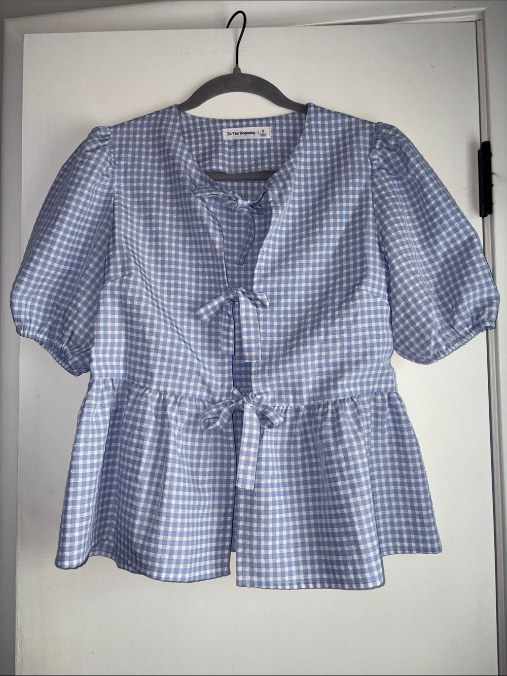Light Blue Gingham Tie-Front Peplum Blouse